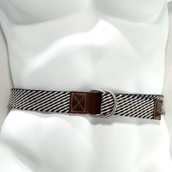 CREMIEUX Striped Navy & White Canvas Belt Leather Accents Double D-Ring Buckle - Picture 1 of 11